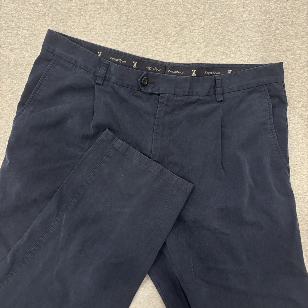 Vintage Zegna Sport Pants Men's Size 40x32 Navy Blue Pleated Chino Trousers